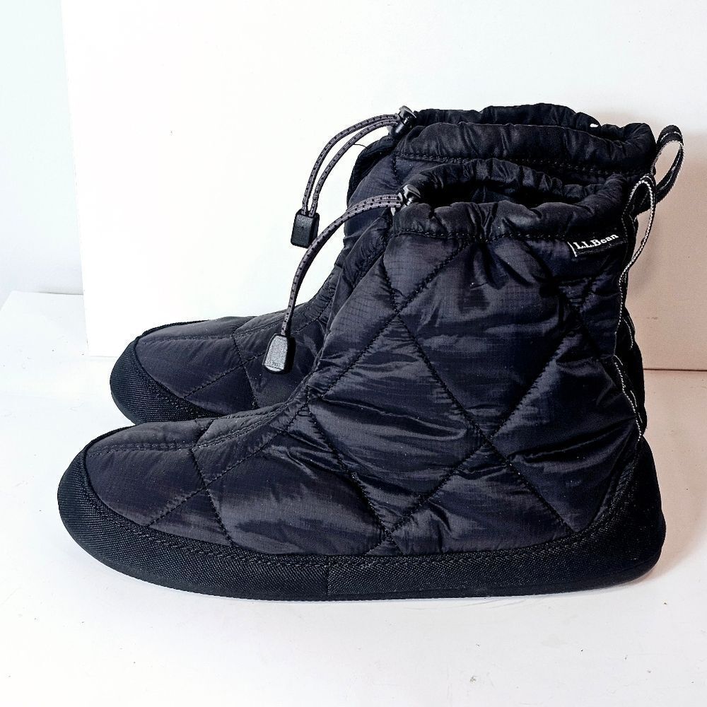 LL Bean Black Primaloft Quilted Drawstring Bootie Slipper Size 10